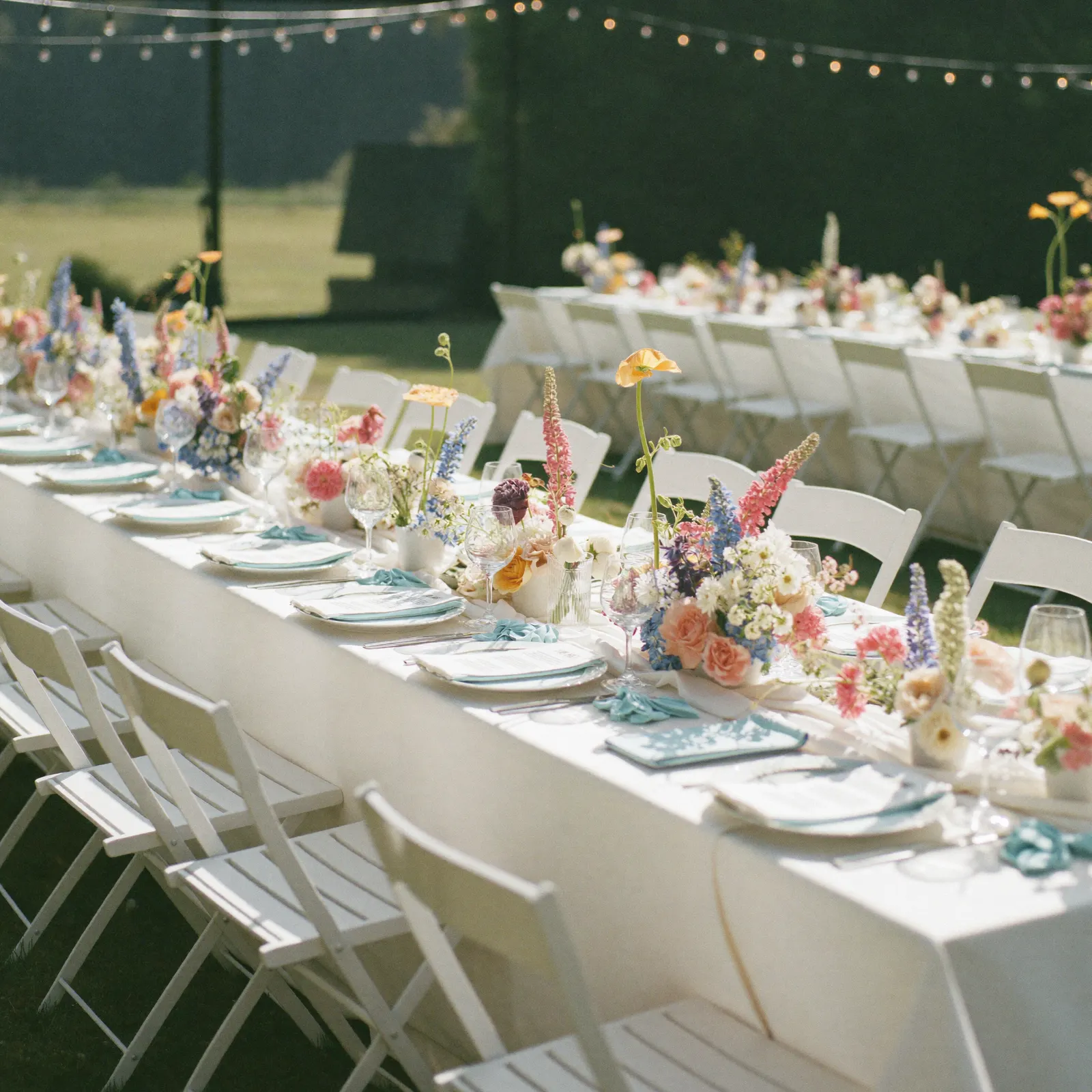 An outdoor garden party with a long table and string lights